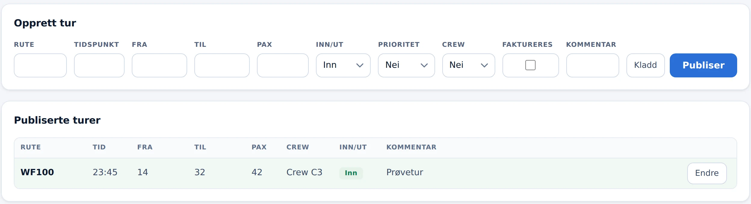 Flyparkeringens registrering og oversikt over publiserte turer