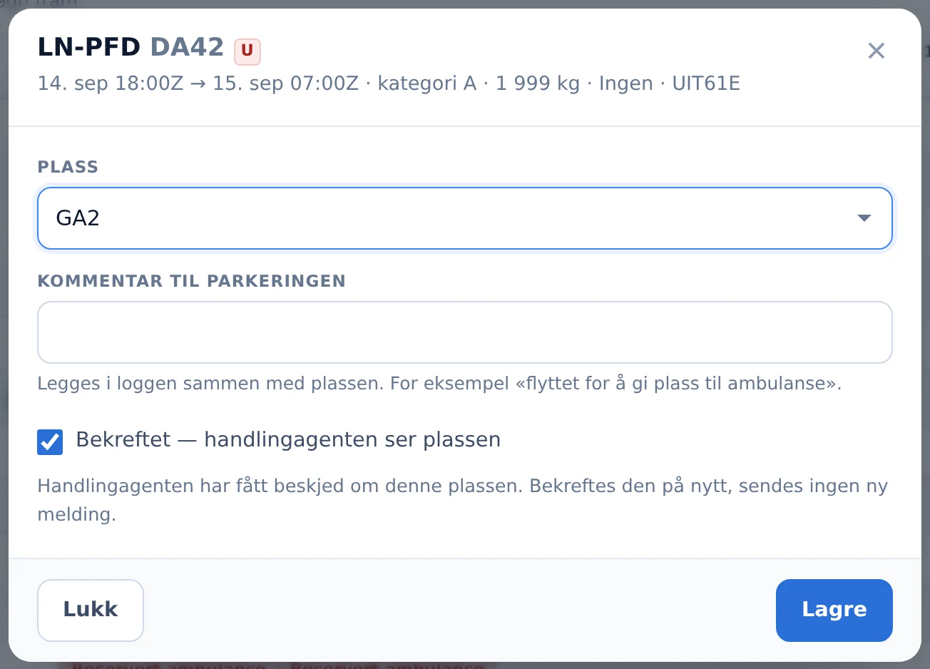 Flyets boks: plass, kommentar til loggen og bekreftelse